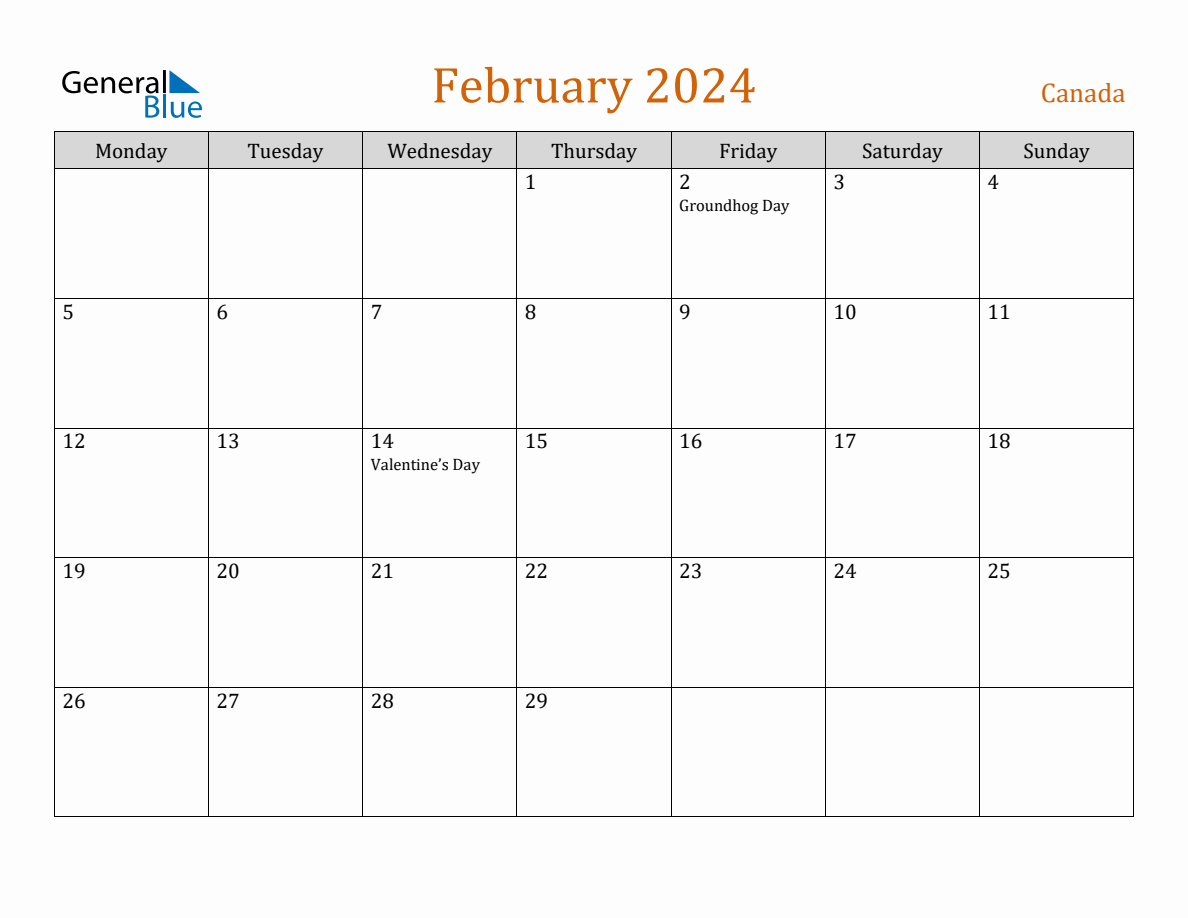 Free February 2024 Canada Calendar