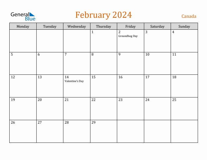 February 2024 Holiday Calendar with Monday Start