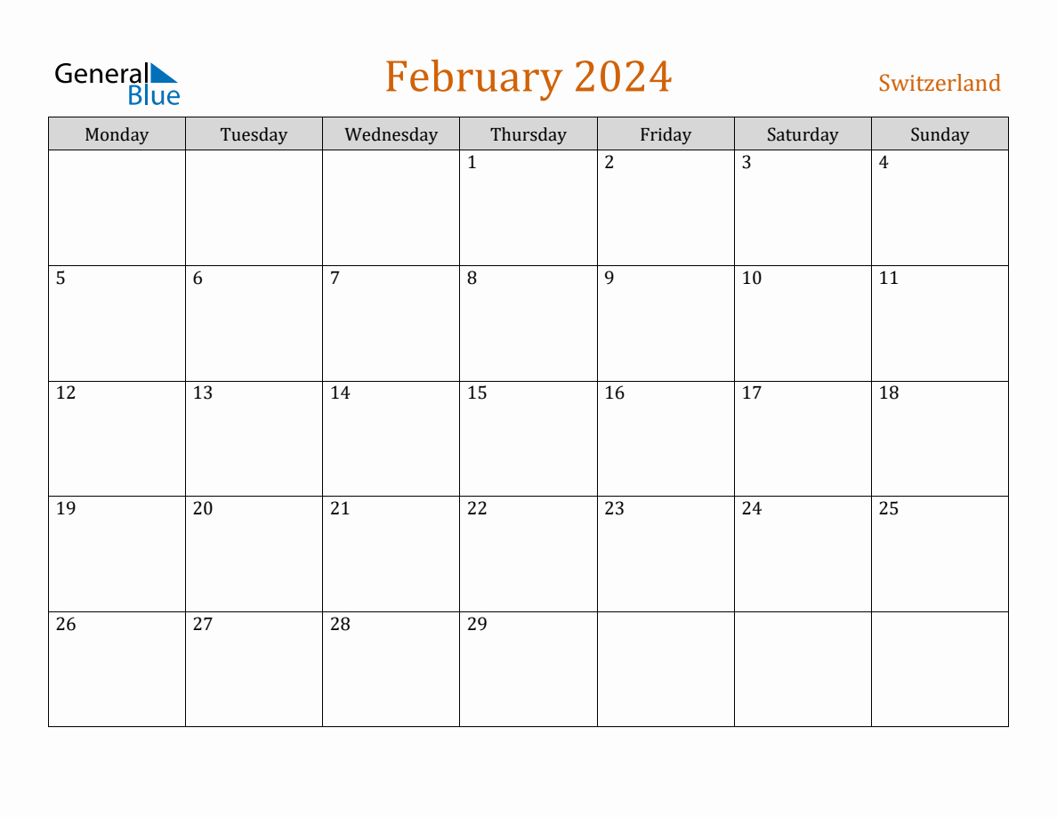 Free February 2024 Switzerland Calendar