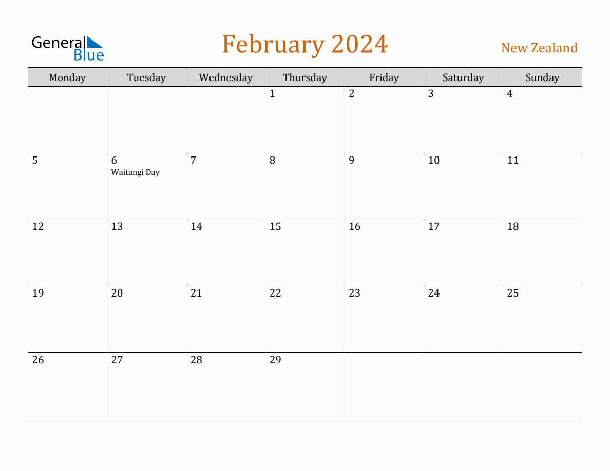 Free February 2024 New Zealand Calendar