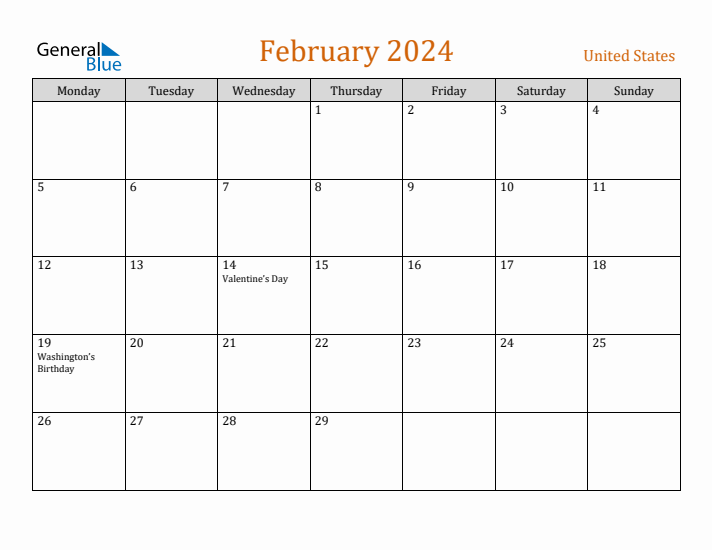 February 2024 United States Monthly Calendar with Holidays