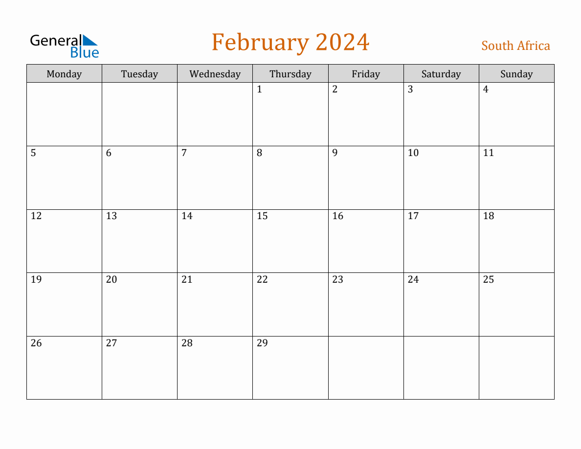 Free February 2024 South Africa Calendar