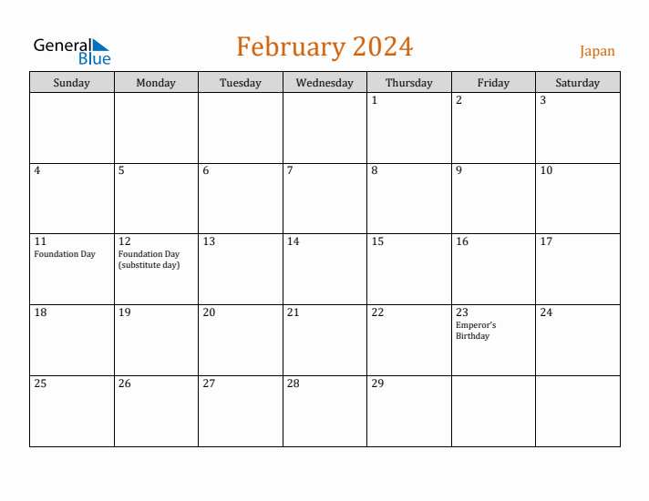 February 2024 Monthly Calendar with Japan Holidays