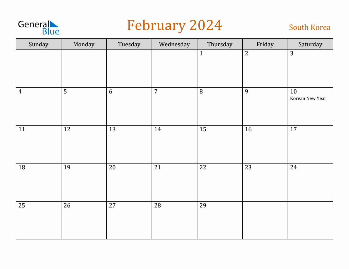 Free February 2024 South Korea Calendar