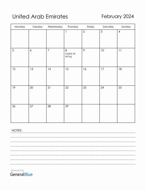 February 2024 United Arab Emirates Calendar with Holidays (Monday Start)