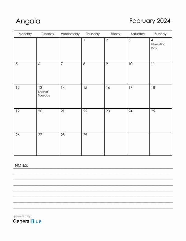 February 2024 Angola Calendar with Holidays (Monday Start)