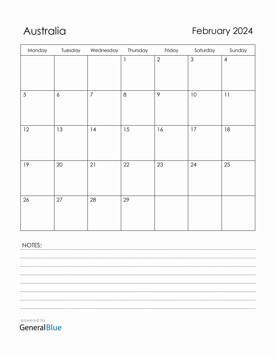 February 2024 Australia Calendar with Holidays