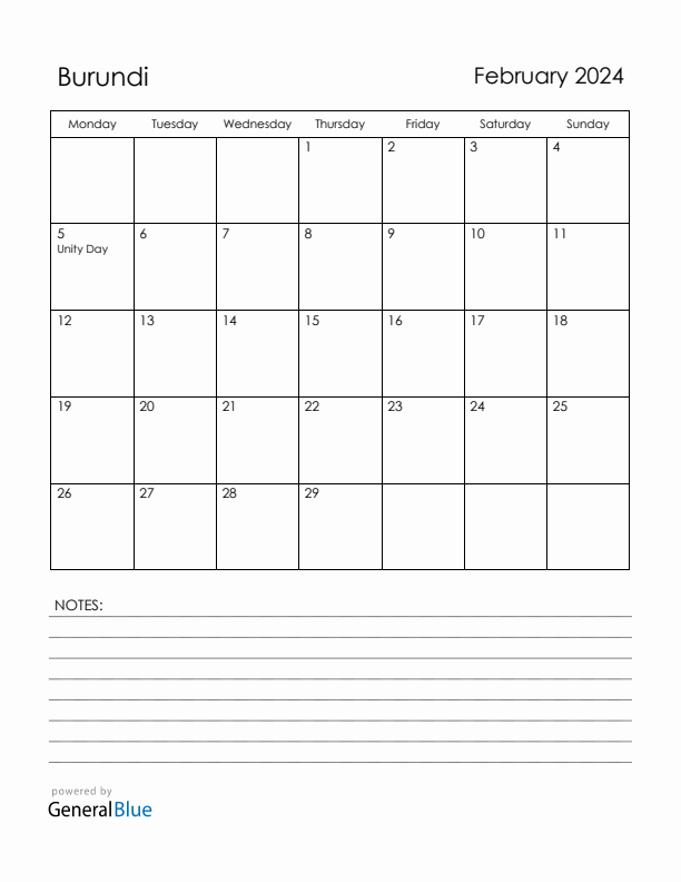 February 2024 Burundi Calendar with Holidays (Monday Start)