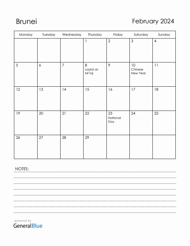 February 2024 Brunei Calendar with Holidays (Monday Start)