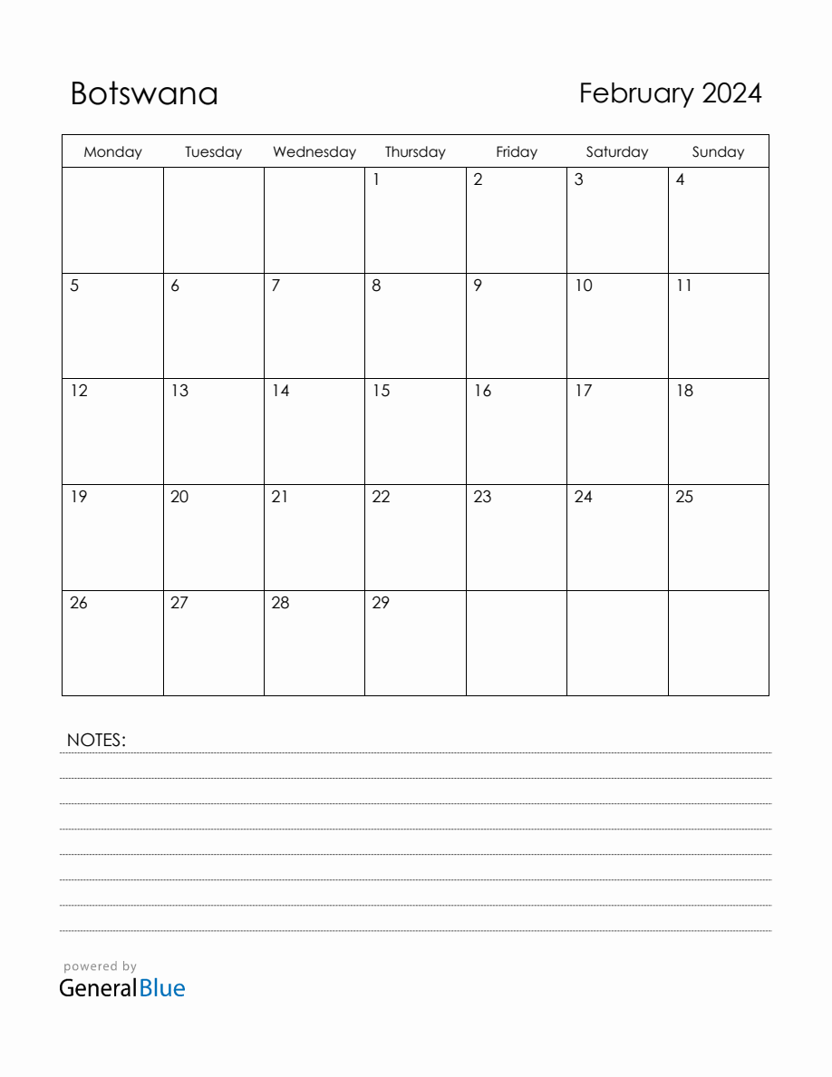 February 2024 Botswana Calendar with Holidays