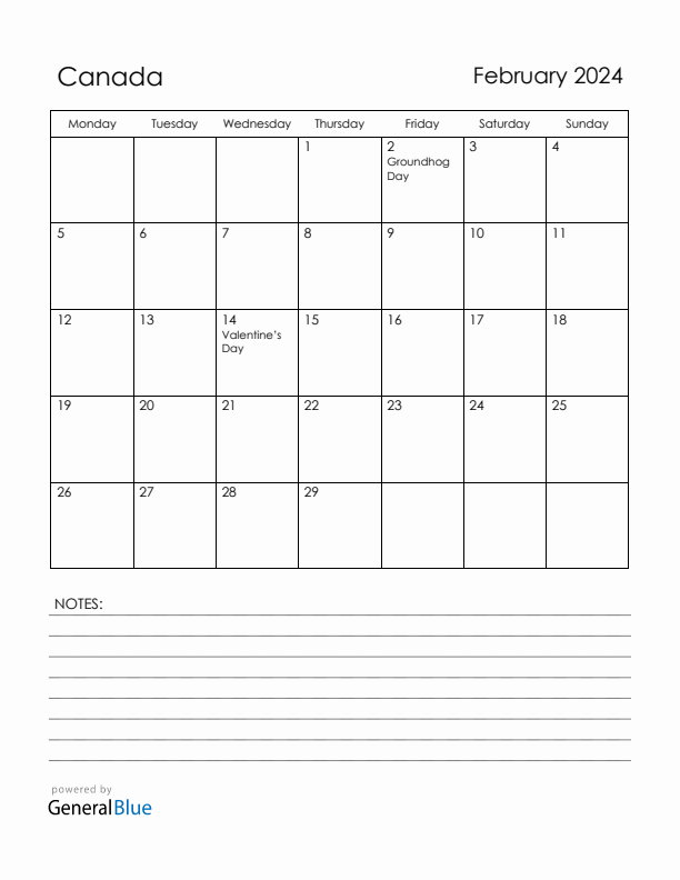February 2024 Canada Calendar with Holidays (Monday Start)