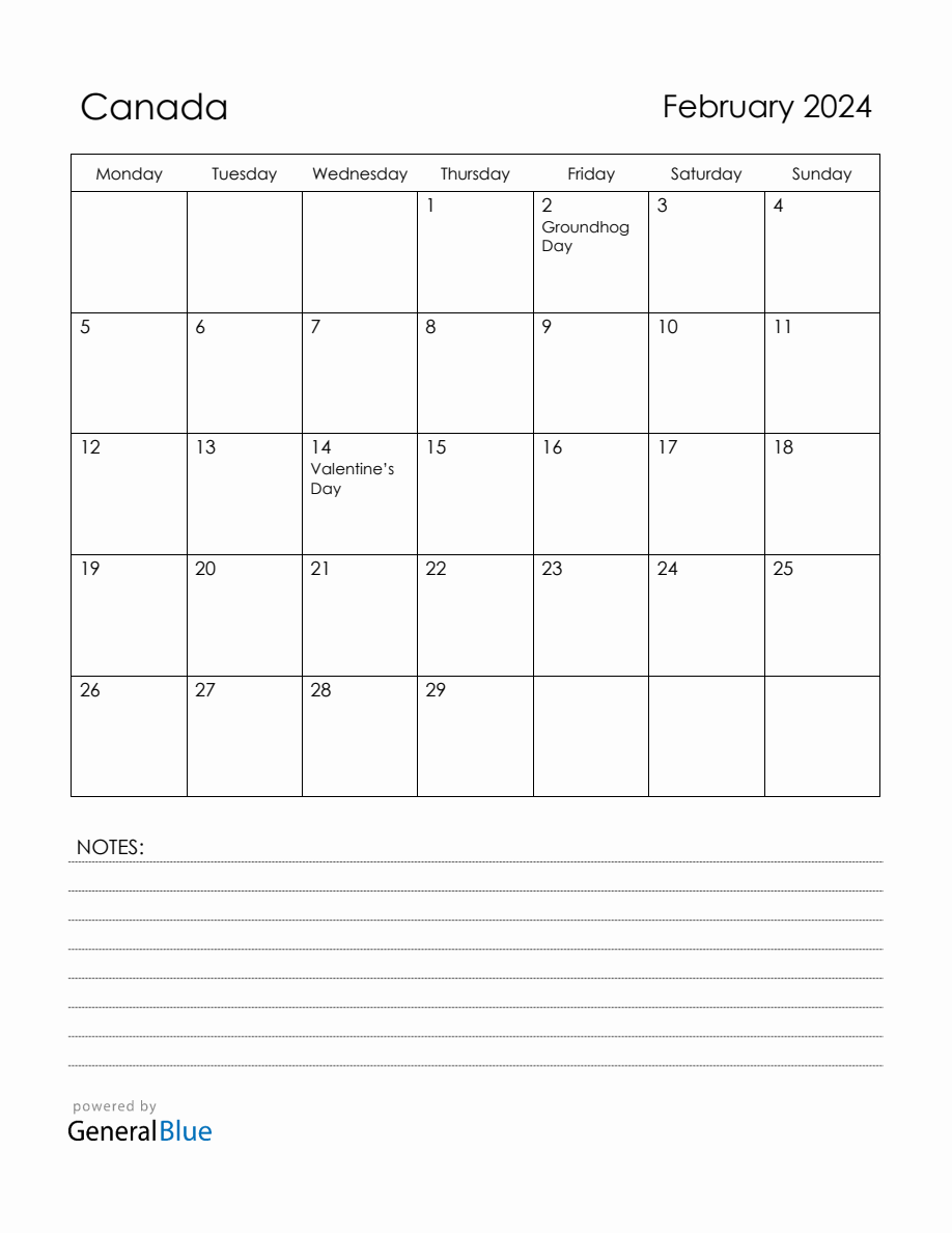 February 2024 Canada Calendar with Holidays