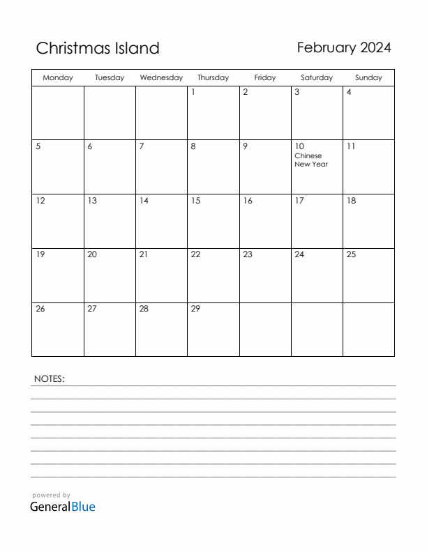 February 2024 Christmas Island Calendar with Holidays (Monday Start)