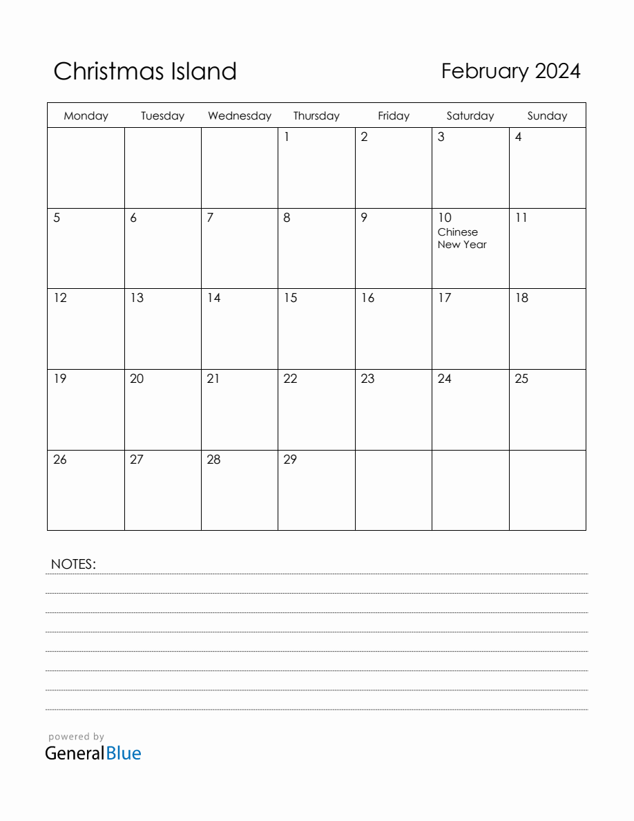 February 2024 Christmas Island Calendar with Holidays