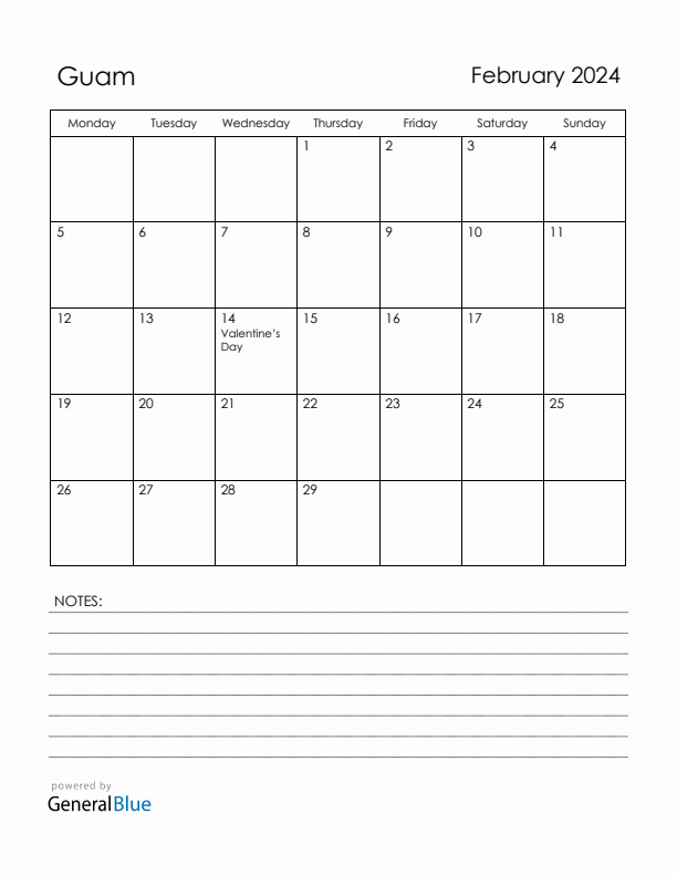 February 2024 Guam Calendar with Holidays (Monday Start)