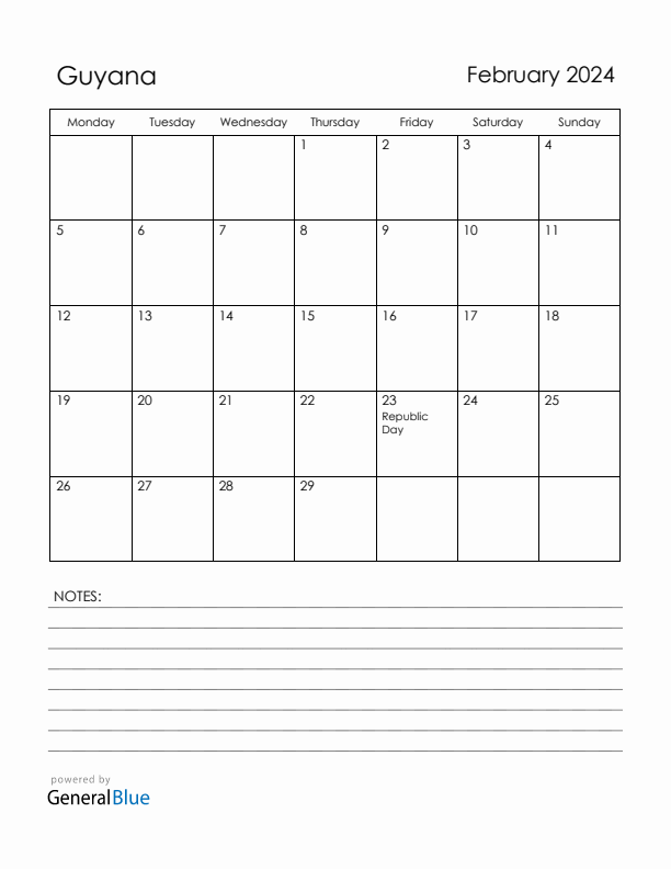 February 2024 Guyana Calendar with Holidays (Monday Start)