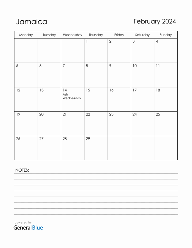 February 2024 Jamaica Calendar with Holidays (Monday Start)