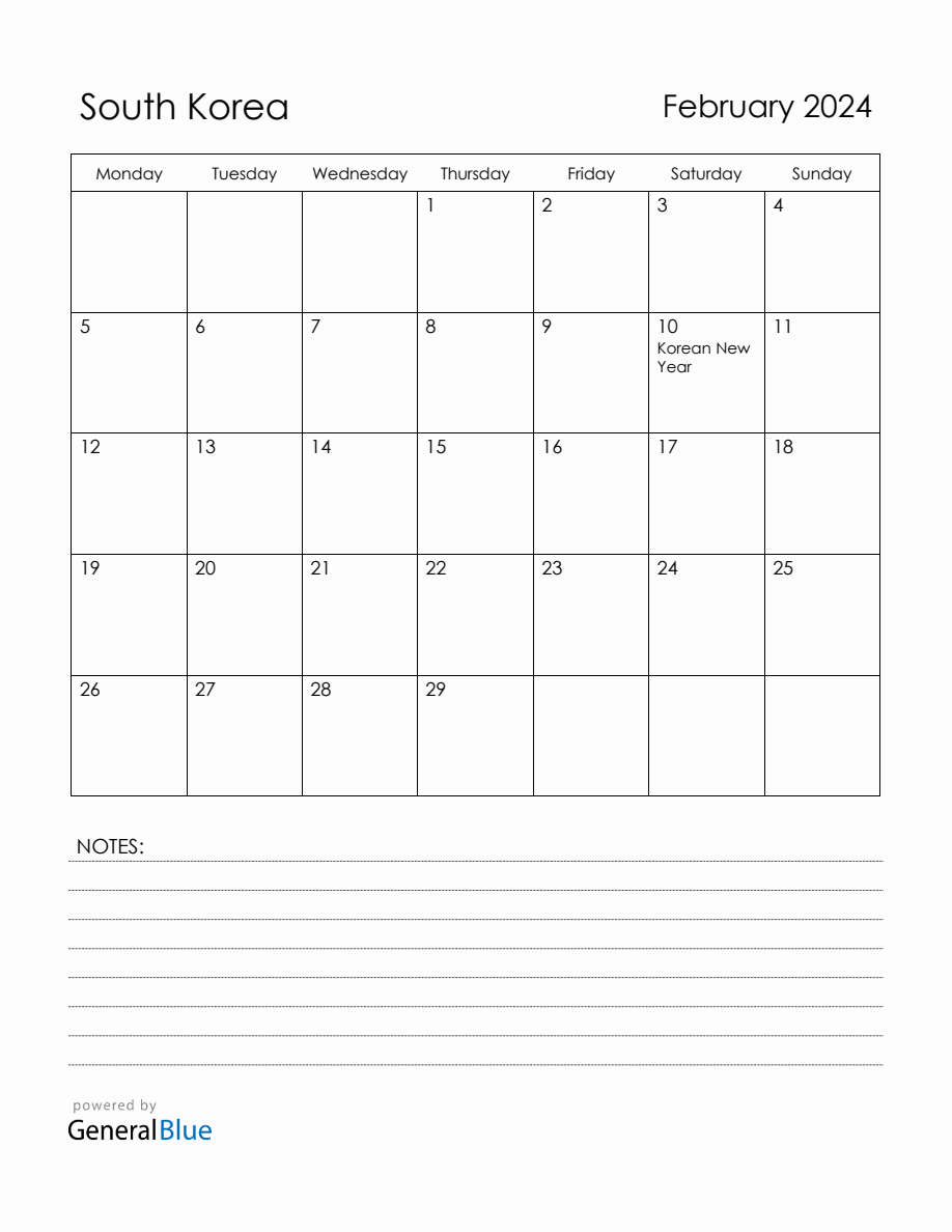 February 2024 South Korea Calendar with Holidays