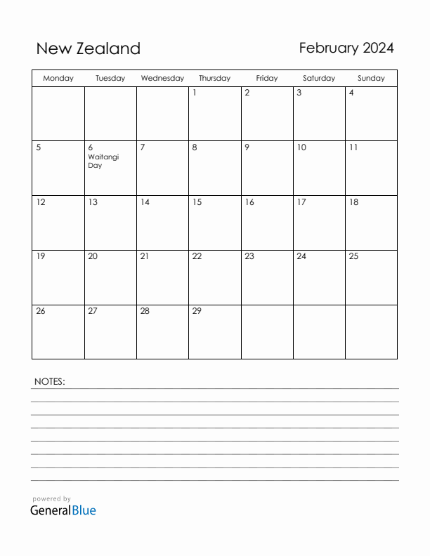 February 2024 New Zealand Calendar with Holidays (Monday Start)
