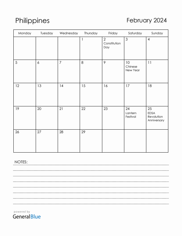 February 2024 Philippines Calendar with Holidays (Monday Start)