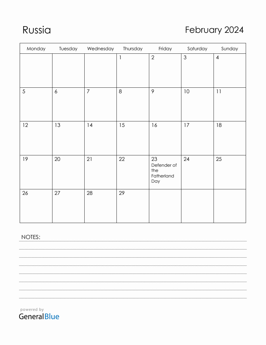 February 2024 Russia Calendar with Holidays