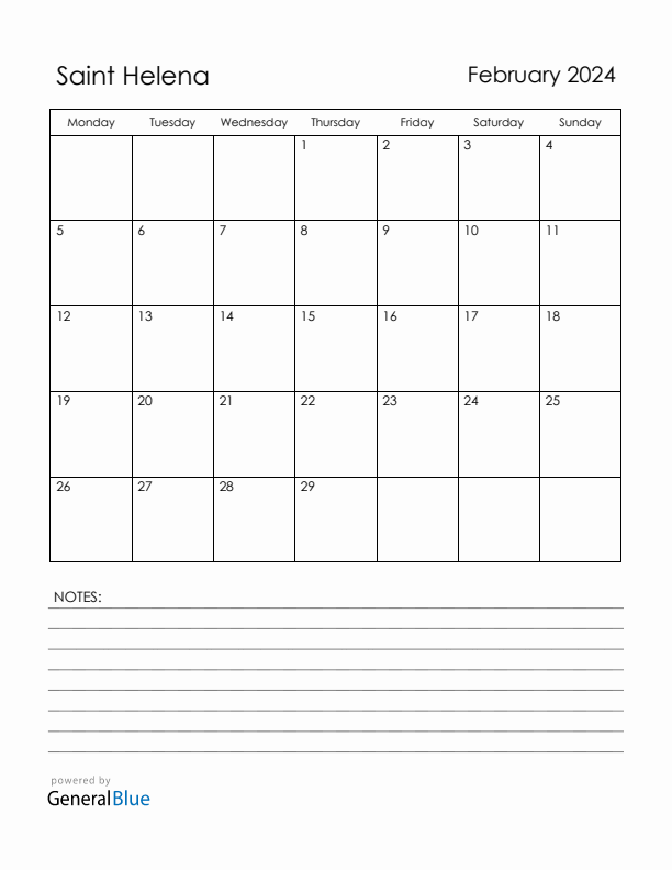 February 2024 Saint Helena Calendar with Holidays (Monday Start)