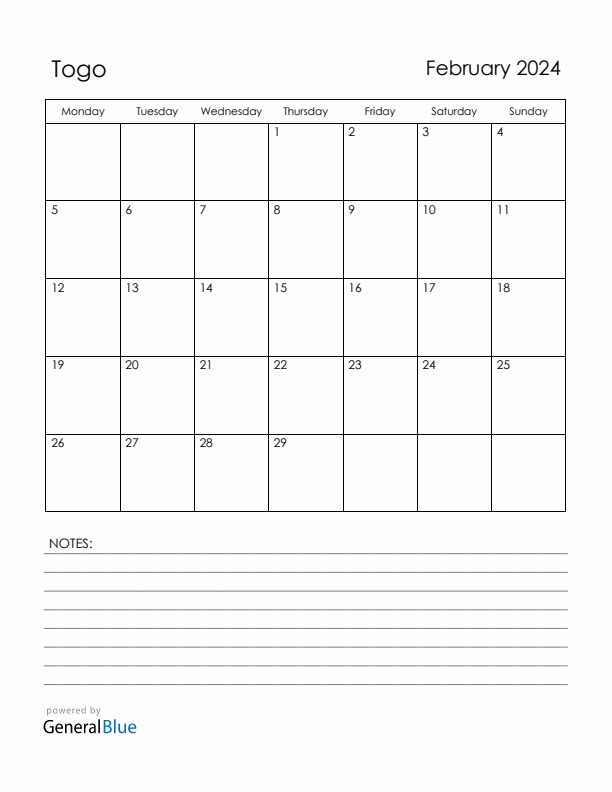 February 2024 Togo Calendar with Holidays (Monday Start)