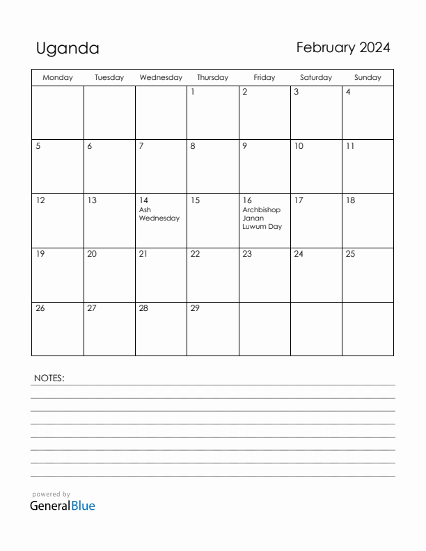 February 2024 Uganda Calendar with Holidays (Monday Start)