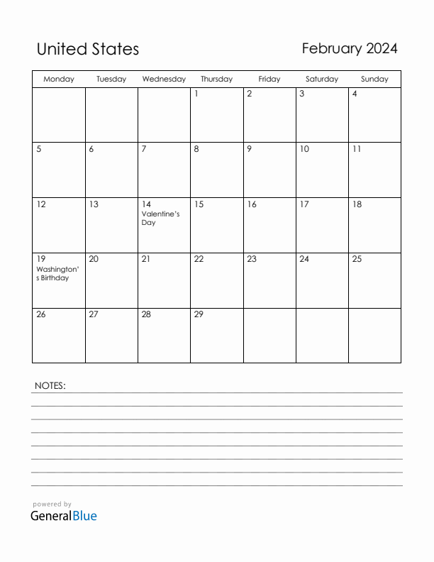 February 2024 United States Calendar with Holidays (Monday Start)