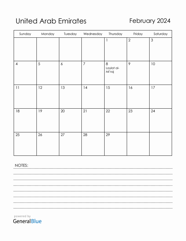February 2024 United Arab Emirates Calendar with Holidays (Sunday Start)