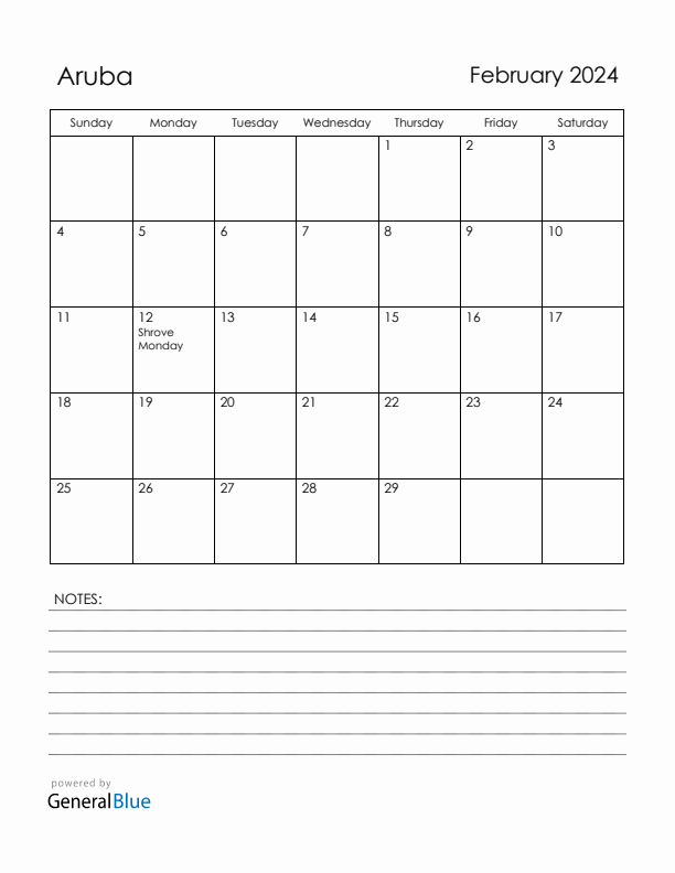 February 2024 Aruba Calendar with Holidays (Sunday Start)
