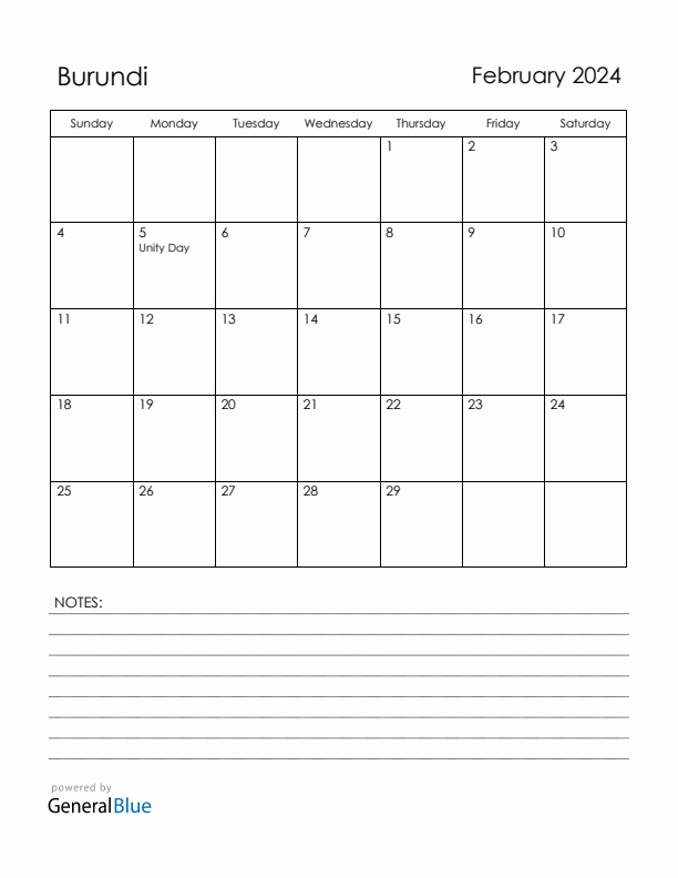February 2024 Burundi Calendar with Holidays (Sunday Start)