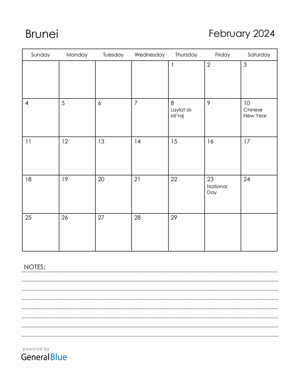 February 2024 Brunei Calendar with Holidays (Sunday Start)