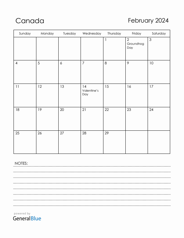 February 2024 Canada Calendar with Holidays (Sunday Start)