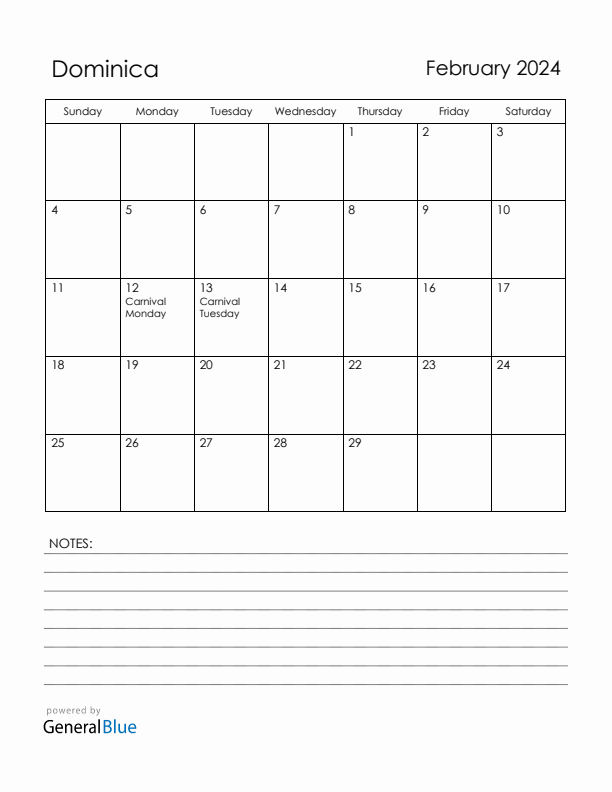 February 2024 Dominica Calendar with Holidays (Sunday Start)