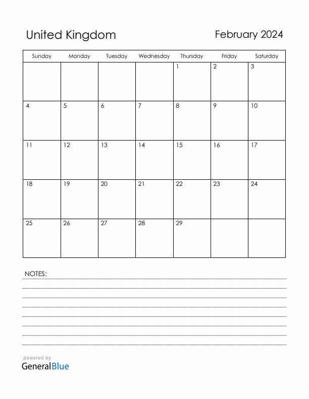 February 2024 Monthly Calendar with United Kingdom Holidays