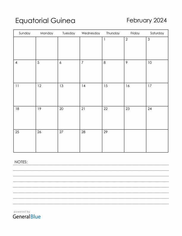 February 2024 Equatorial Guinea Calendar with Holidays (Sunday Start)
