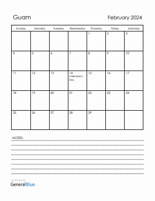 Current month calendar with Guam holidays for February 2024