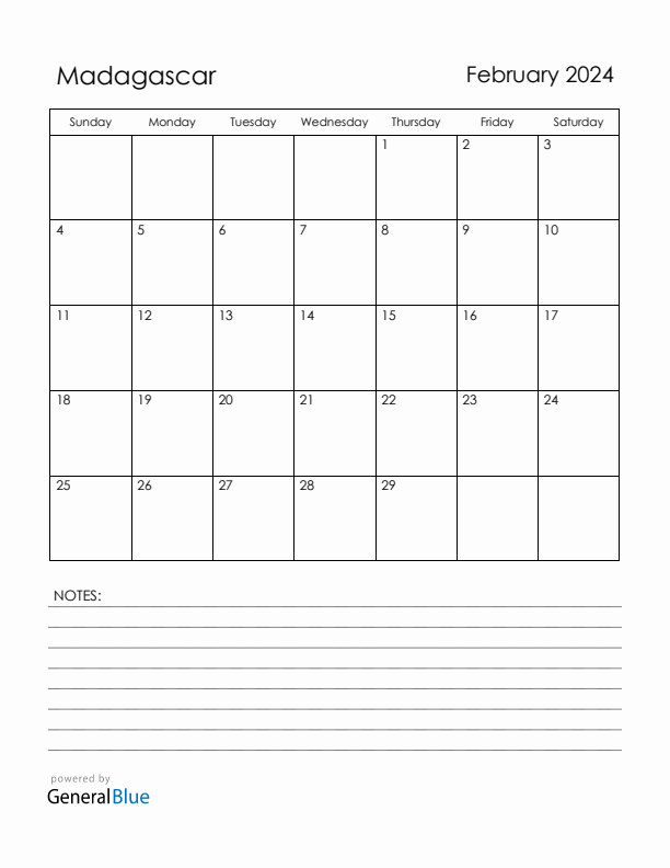 February 2024 Madagascar Calendar with Holidays (Sunday Start)