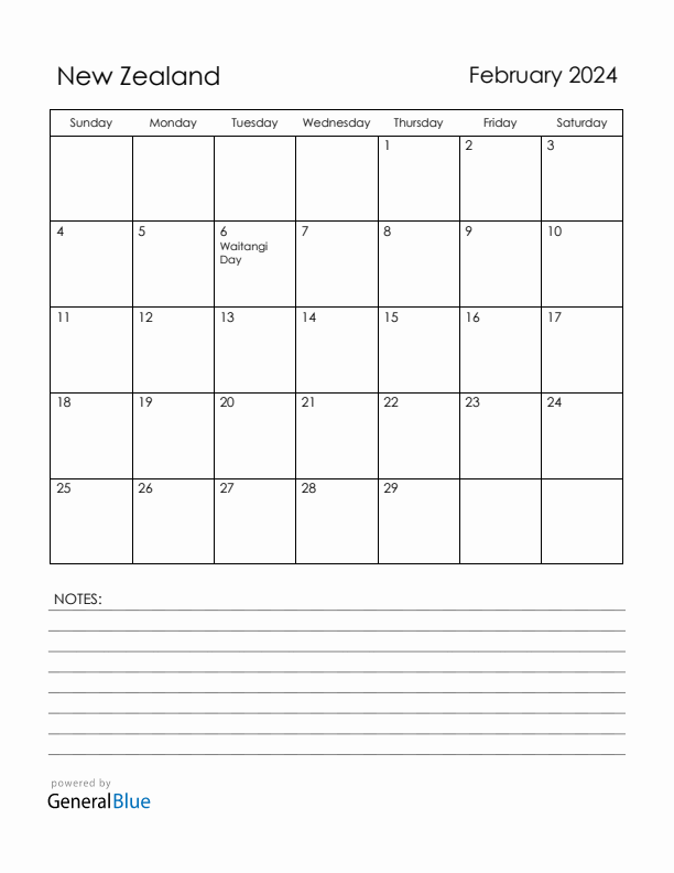 February 2024 New Zealand Calendar with Holidays (Sunday Start)