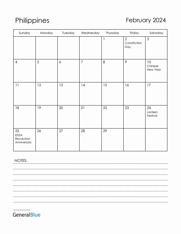 February 2024 Monthly Calendar with Philippines Holidays