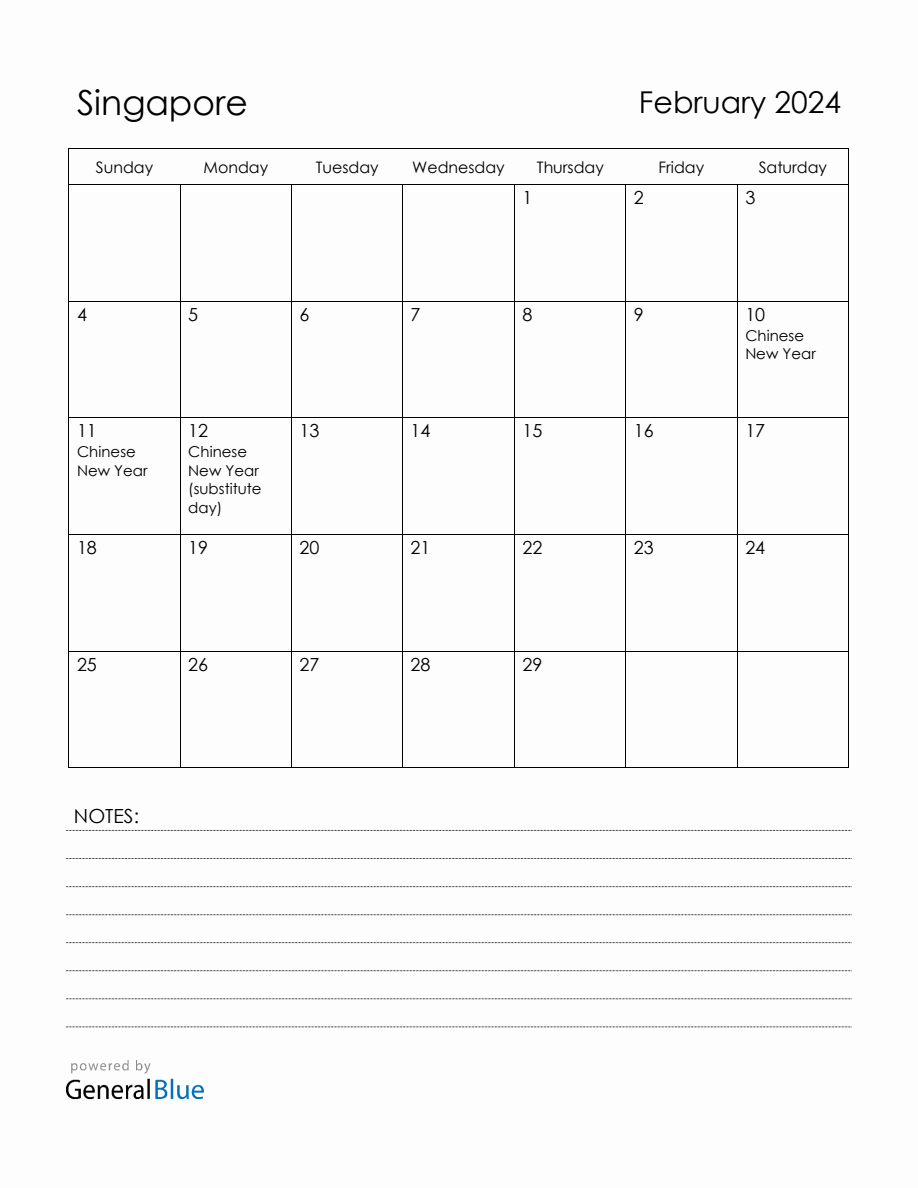 February 2024 Singapore Calendar with Holidays