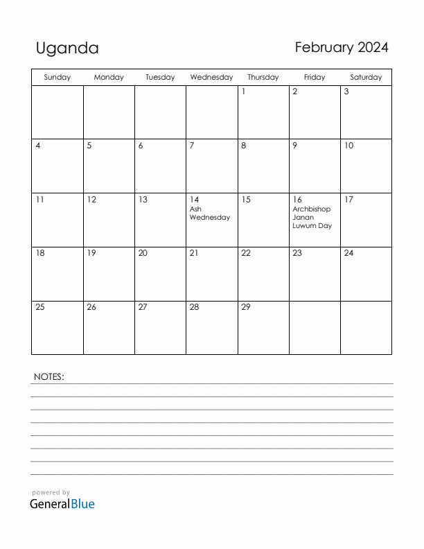 February 2024 Uganda Calendar with Holidays (Sunday Start)