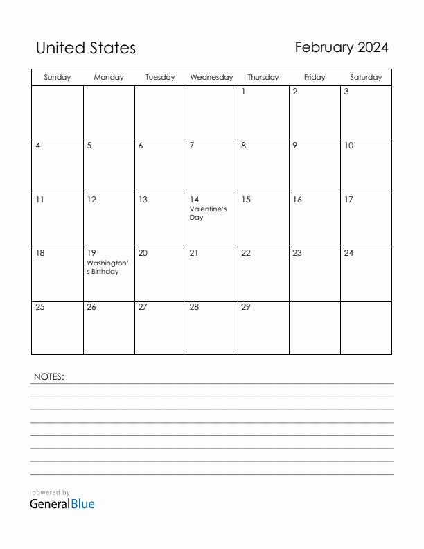 February 2024 Monthly Calendar with United States Holidays