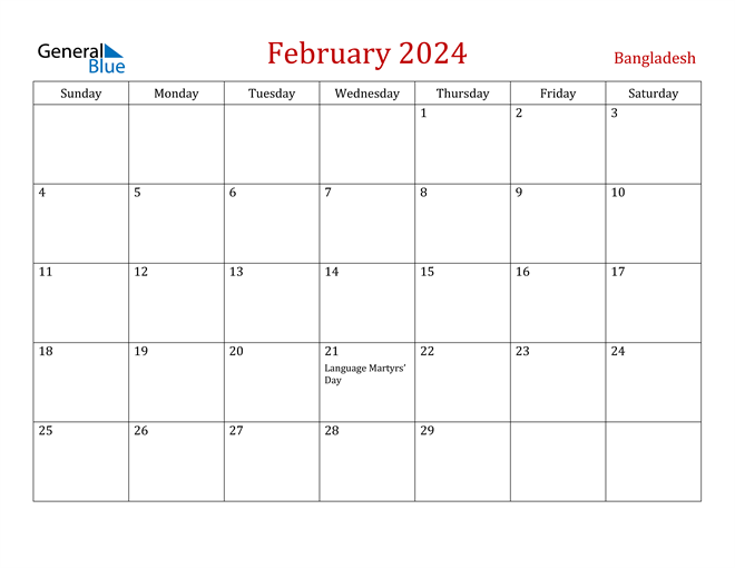 Bangladesh February 2024 Calendar