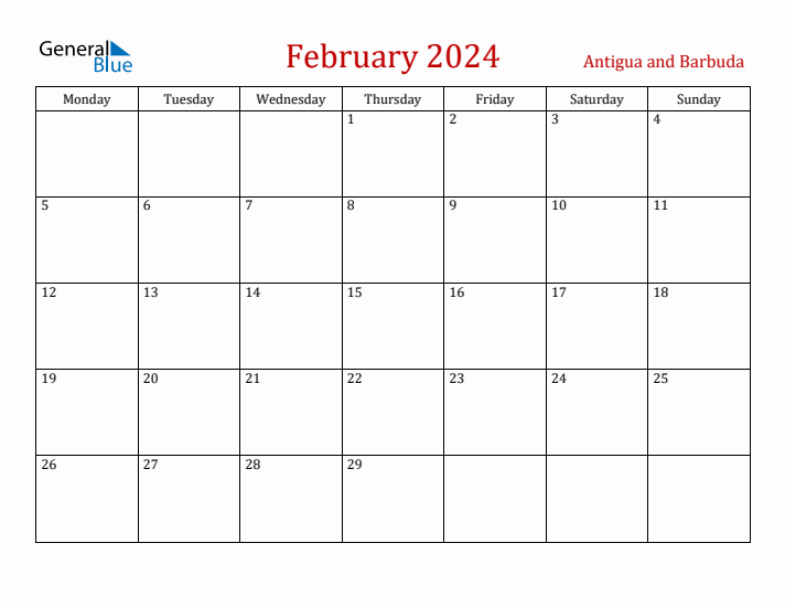 Antigua and Barbuda February 2024 Calendar - Monday Start