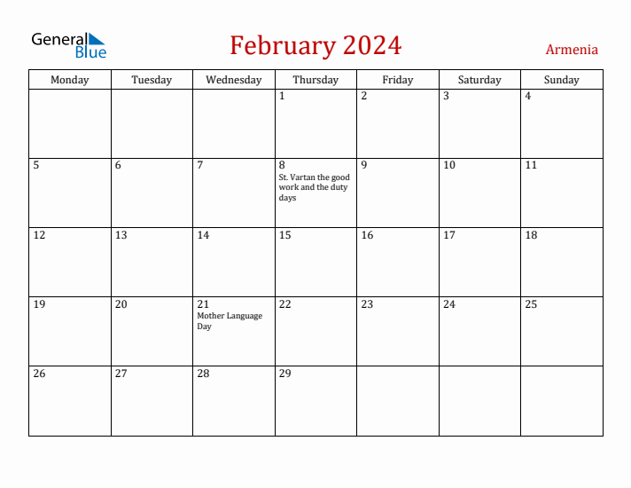 Armenia February 2024 Calendar - Monday Start