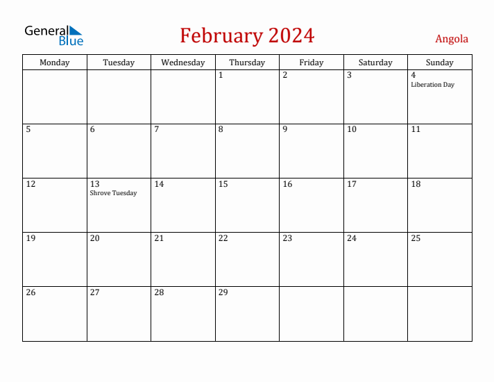 Angola February 2024 Calendar - Monday Start
