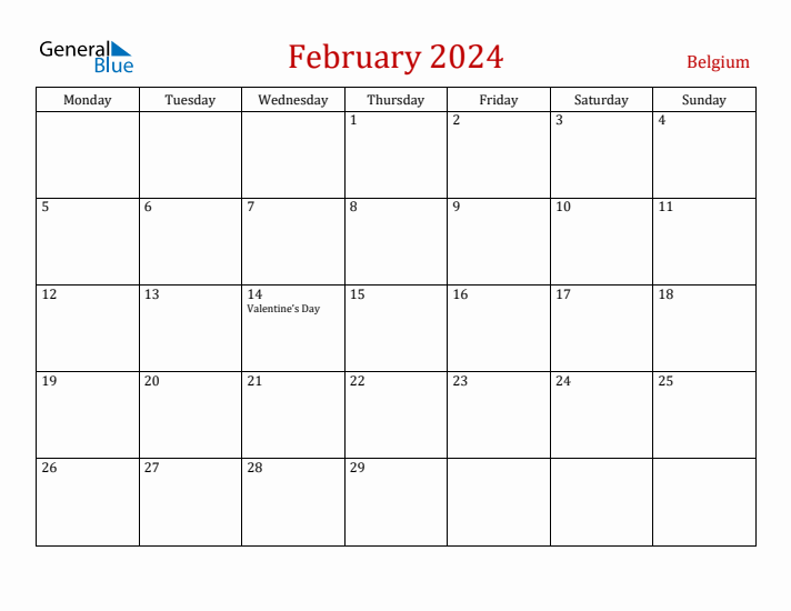 Belgium February 2024 Calendar - Monday Start