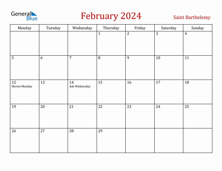 Saint Barthelemy February 2024 Calendar - Monday Start